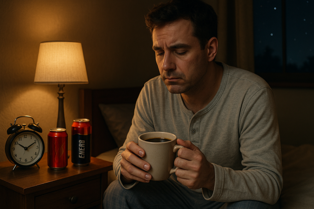 Hombre en pijama sosteniendo una taza de café por la noche, pensativo en la cama junto a una mesita con bebidas con cafeína y un reloj marcando las 10 p.m.