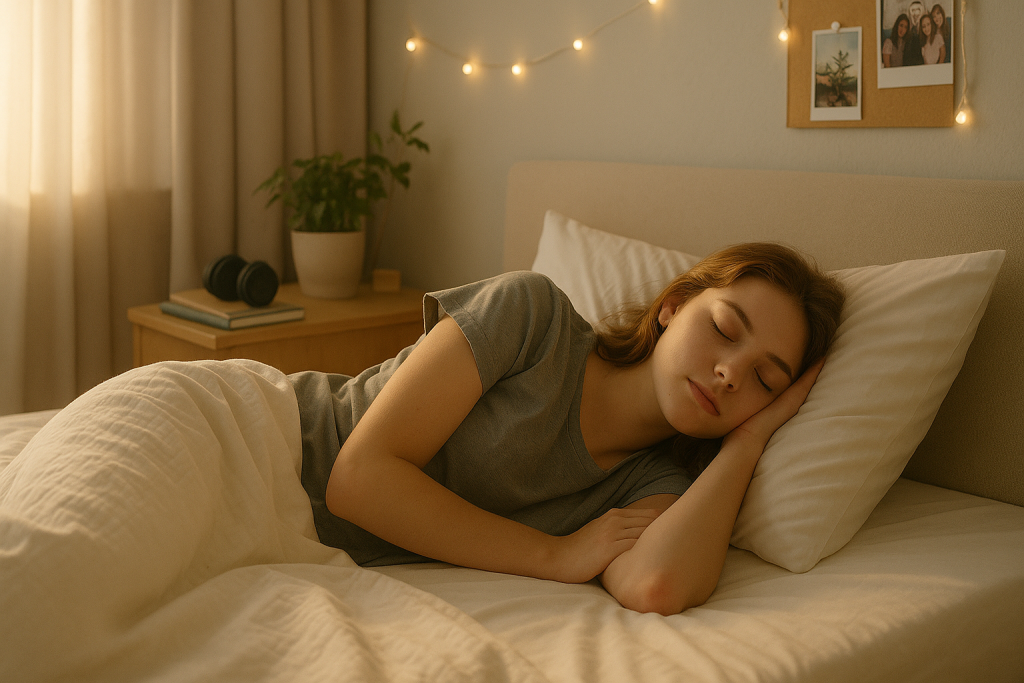 Una adolescente de entre 15 y 17 años duerme plácidamente en su cama, en una habitación con decoración juvenil y luz suave al amanecer