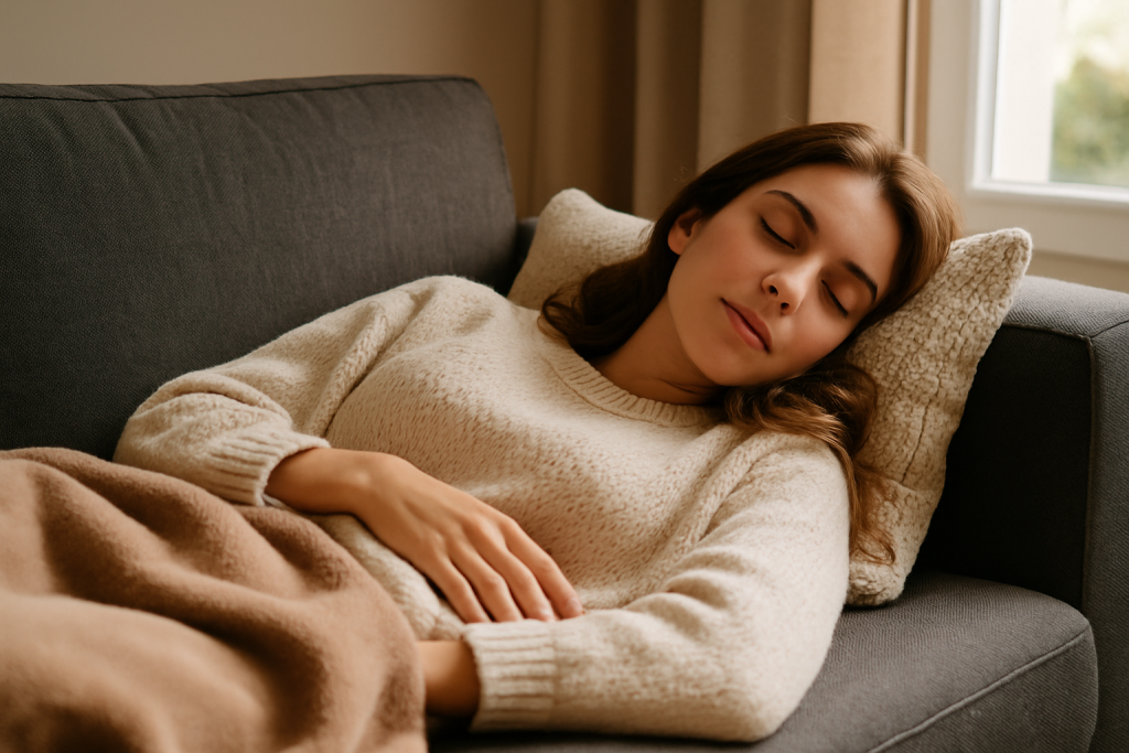 Joven mujer descansando en un sofá durante el día, con luz natural suave y ambiente tranquilo, representando una siesta breve y reparadora.