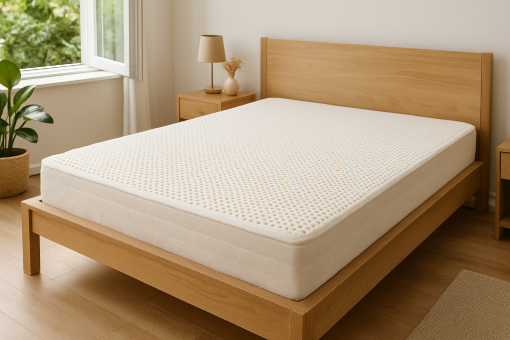 Colchón de látex en dormitorio moderno, con luz natural y ambiente limpio, ideal para un descanso saludable y confortable.