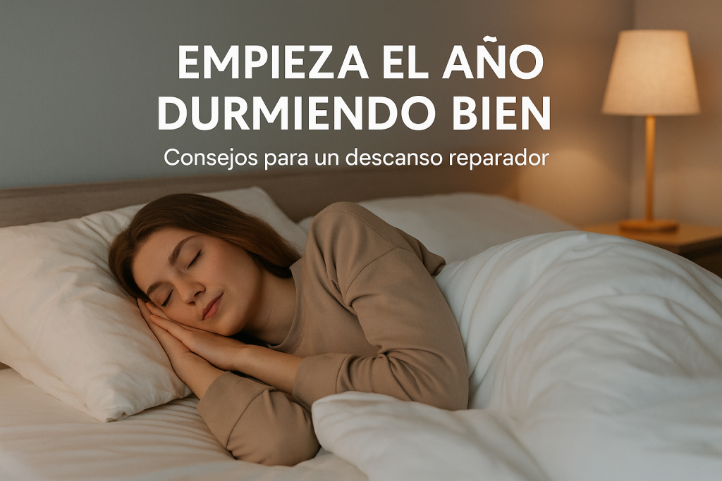 Una persona duerme plácidamente en una cama moderna dentro de un dormitorio bien decorado, iluminado suavemente por luz natural. El ambiente transmite calma y confort, con ropa de cama clara y elementos decorativos neutros que refuerzan la sensación de descanso reparador. En la imagen se superpone el texto “Empieza el año durmiendo bien: consejos para un descanso reparador”.