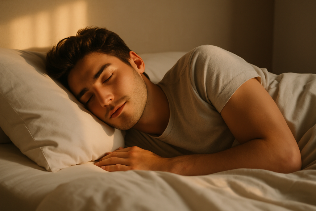 Joven atractivo durmiendo plácidamente en una cama iluminada por la luz natural del amanecer, símbolo de descanso reparador, bienestar y salud física.