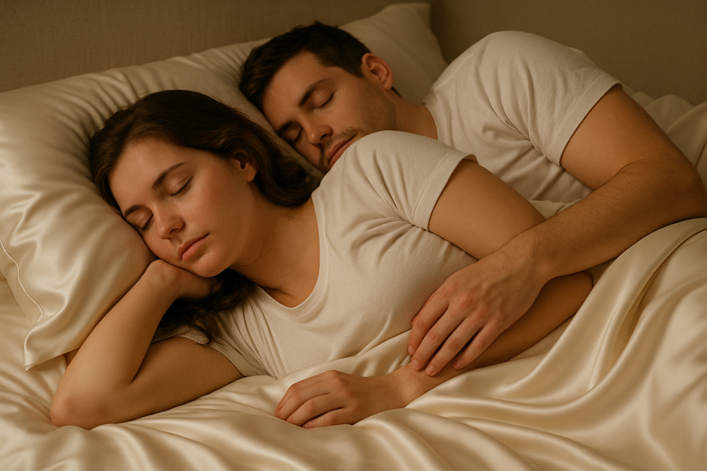 Pareja durmiendo con sábanas de seda natural. Descubre los beneficios de este tejido para la salud