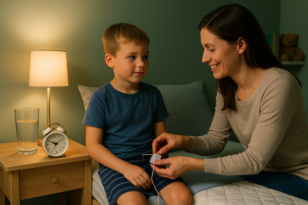 Una madre arrodillada ajustando un pequeño sistema de alarma para enuresis mostrando la sencillez de su uso.