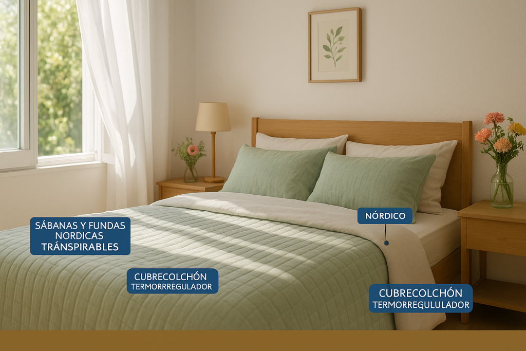 Fotografía en formato horizontal de un dormitorio primaveral iluminado por luz natural. La cama está vestida con una colcha ligera en tonos suaves, acompañada de sábanas y fundas de lino o algodón transpirables. En la estancia se aprecian decoraciones frescas como flores y plantas, una ventana abierta con cortinas ligeras que ondean suavemente y etiquetas visibles en el nórdico y el cubrecolchón indicando sus propiedades termorreguladoras. El ambiente transmite frescura, confort y bienestar.