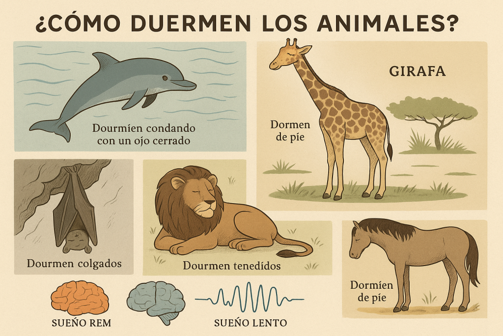 Una imagen dividida en secciones con diferentes animales durmiendo en sus posiciones y entornos característicos. Estilo ligeramente científico, como una ilustración de libro de biología infantil.
