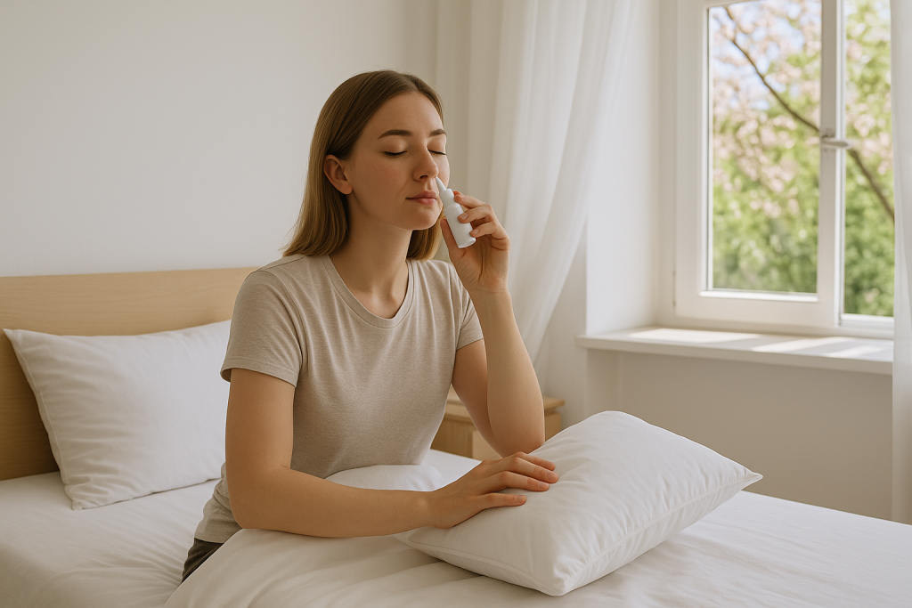 Mujer joven con síntomas de alergia, sentada en la cama con expresión de incomodidad, frotándose la nariz, en un dormitorio iluminado por la luz natural de la mañana.
