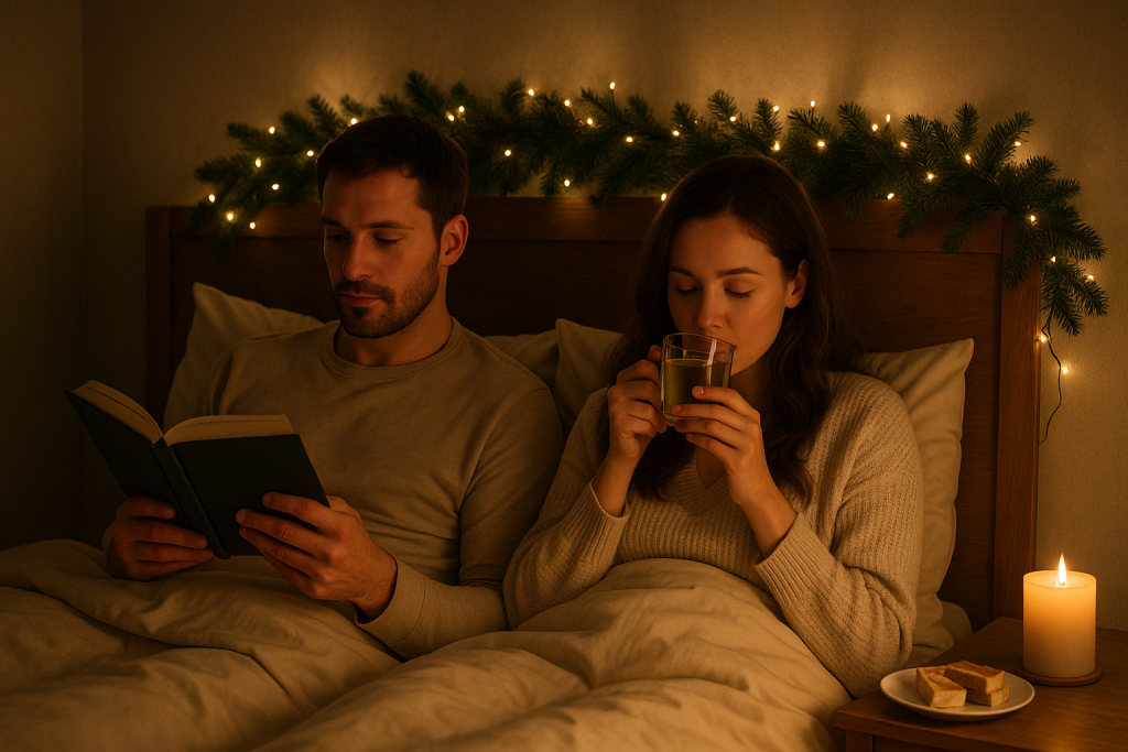 Pareja joven con piel clara disfrutando de una cena navideña ligera en un ambiente acogedor, con luces cálidas y decoración festiva, transmitiendo tranquilidad y bienestar tras las celebraciones.