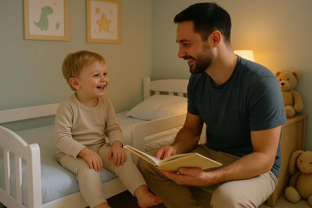Niño pequeño sonriendo en su nueva cama con barreras, acompañado por su madre en una habitación infantil segura y acogedora, durante la transición de la cuna a la cama.
