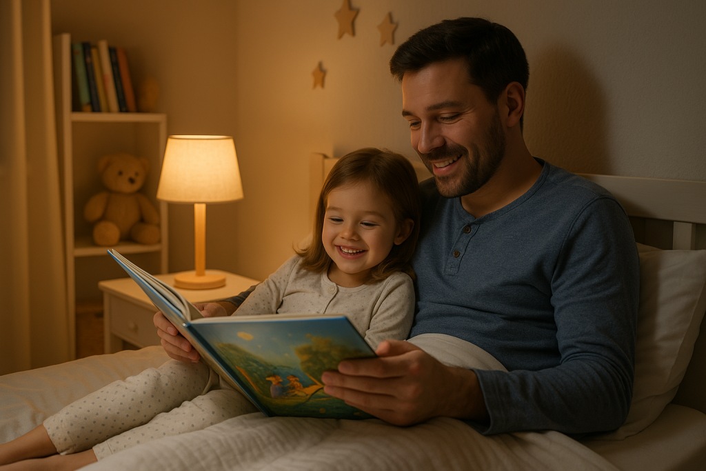 Padre leyendo un cuento ilustrado a su hijo pequeño en una habitación tenue antes de dormir, fortaleciendo el vínculo afectivo y creando una rutina de descanso relajante.