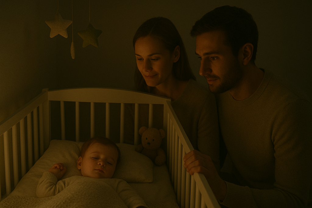 Un bebé de entre 6 y 12 meses, en su cuna, con los ojos cerrados, en calma, con postura natural (de lado o boca arriba
