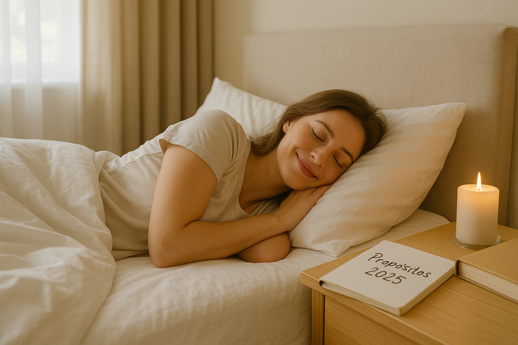 Mujer joven durmiendo plácidamente en su cama con luz natural, junto a una libreta con propósitos de Año Nuevo 2025 en su mesita de noche.