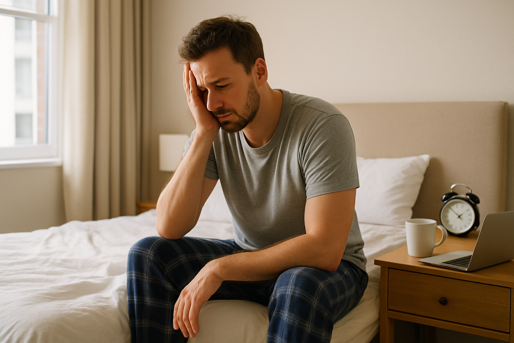 Hombre cansado sentado en la cama por la mañana, con luz natural entrando por la ventana tras la vuelta de vacaciones.